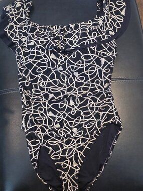 Michael Kors Navy Blue Nautical Twisted Rope off the Shoulder One Piece, Size 14